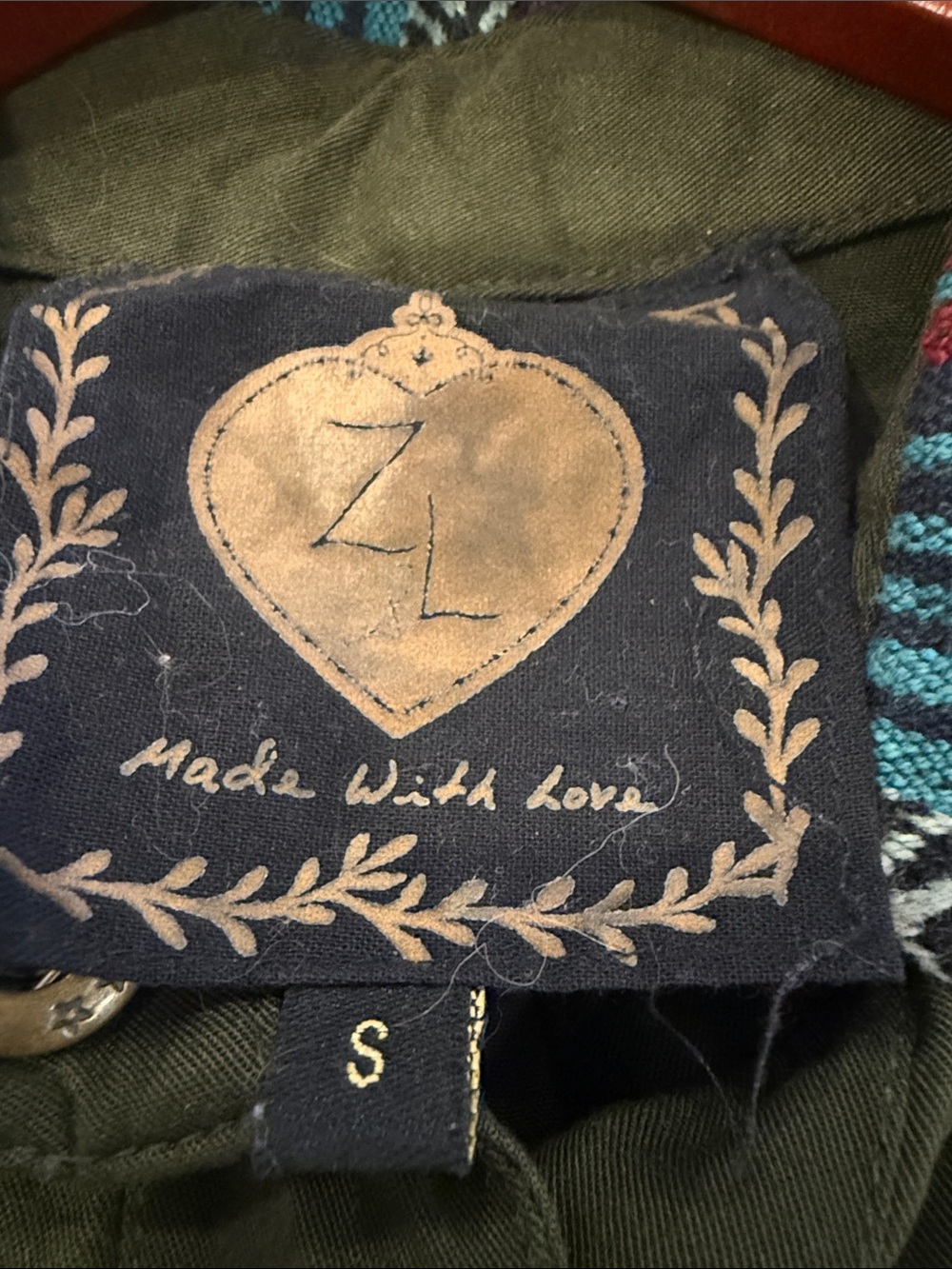 Olive Green Embroidered Utility Jacket with Multicolor Trim - Picture 13 of 13